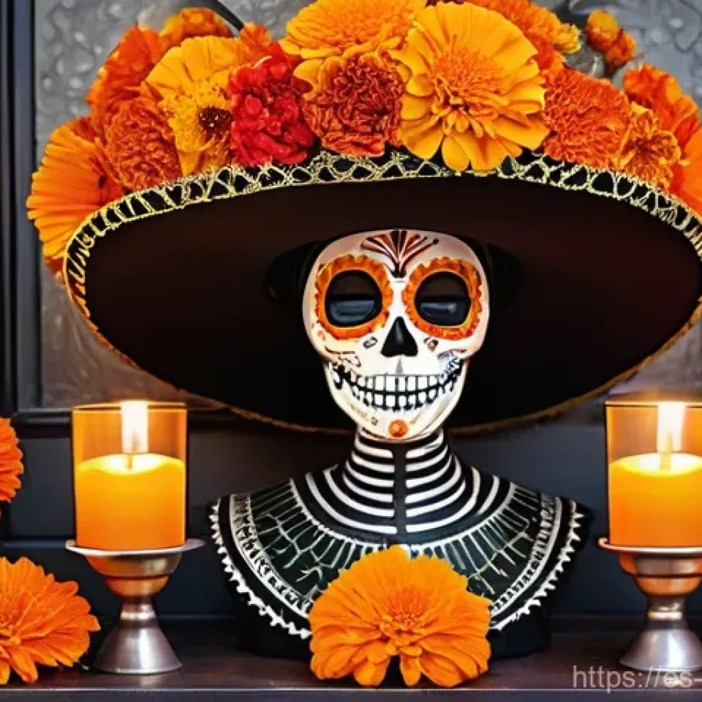 멕시코의 전통 명절과 공휴일 - **"Day of the Dead Altar with Elegant Catrina"**
    A vibrant and respectful scene depicting an ele...