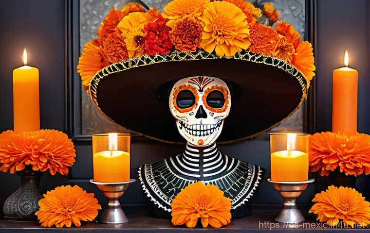 멕시코의 전통 명절과 공휴일 - **"Day of the Dead Altar with Elegant Catrina"**
    A vibrant and respectful scene depicting an ele...