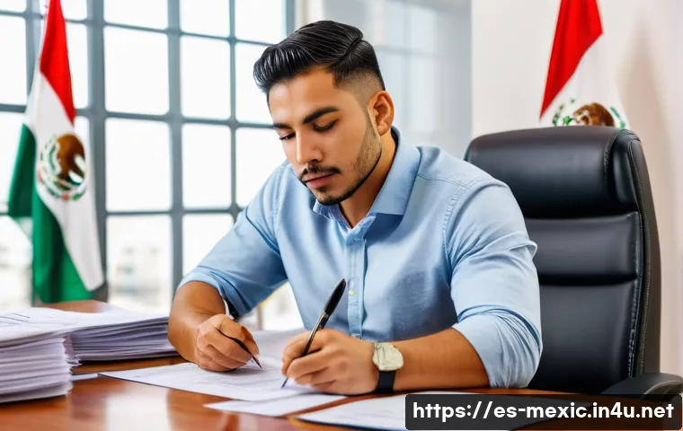 멕시코에서 비즈니스 시작하는 법 - A professional Mexican entrepreneur in a modern small business office, reviewing legal documents and...