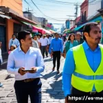 멕시코에서 정치 이슈  대선 정책 변화 - A vibrant urban scene in Mexico featuring a diverse group of small and medium business owners in a r...