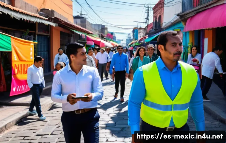 멕시코에서 정치 이슈 대선 정책 변화 - A vibrant urban scene in Mexico featuring a diverse group of small and medium business owners in a r...