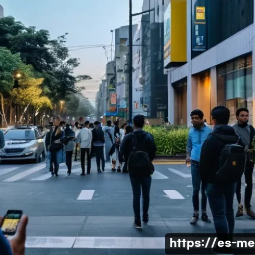 멕시코 치안 현황  2024년 기준 - A busy urban street scene in Mexico City during dusk, showing diverse groups of people walking cauti...