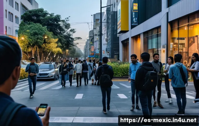 멕시코 치안 현황 2024년 기준 - A busy urban street scene in Mexico City during dusk, showing diverse groups of people walking cauti...