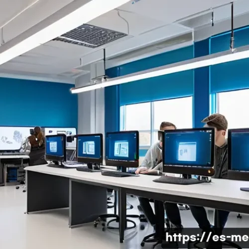멕시코 대학교 순위 - A modern university laboratory filled with cutting-edge technology, featuring students wearing casua...