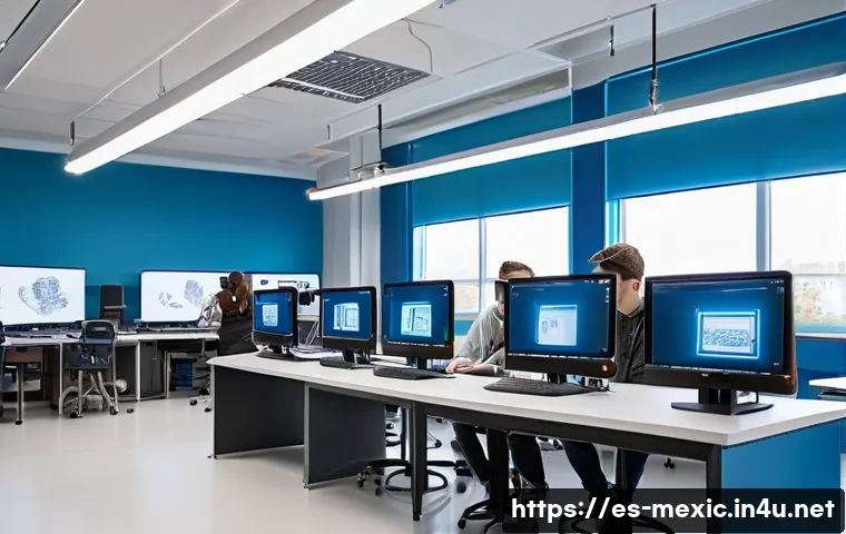 멕시코 대학교 순위 - A modern university laboratory filled with cutting-edge technology, featuring students wearing casua...