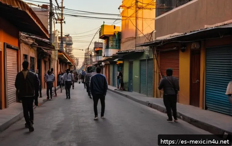 멕시코 내 범죄 유형과 예방 방법 - Urban Mexican street scene at dusk showing a moderately crowded, dimly lit alley with groups of peop...