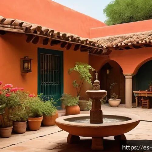 멕시코 전통 가옥 양식 - A vibrant traditional Mexican courtyard in Oaxaca during golden hour, featuring adobe and stone wall...