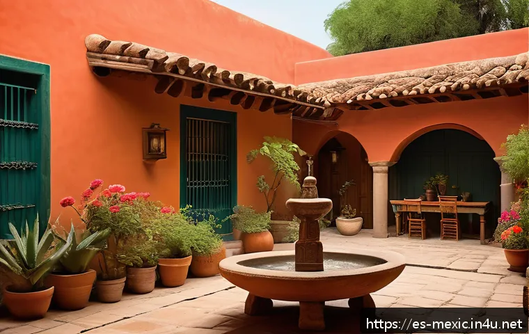 멕시코 전통 가옥 양식 - A vibrant traditional Mexican courtyard in Oaxaca during golden hour, featuring adobe and stone wall...