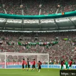 멕시코 축구 대표팀 역사 - A dynamic scene inside a packed Mexican football stadium during an intense match between Mexico&rsquo;s na...